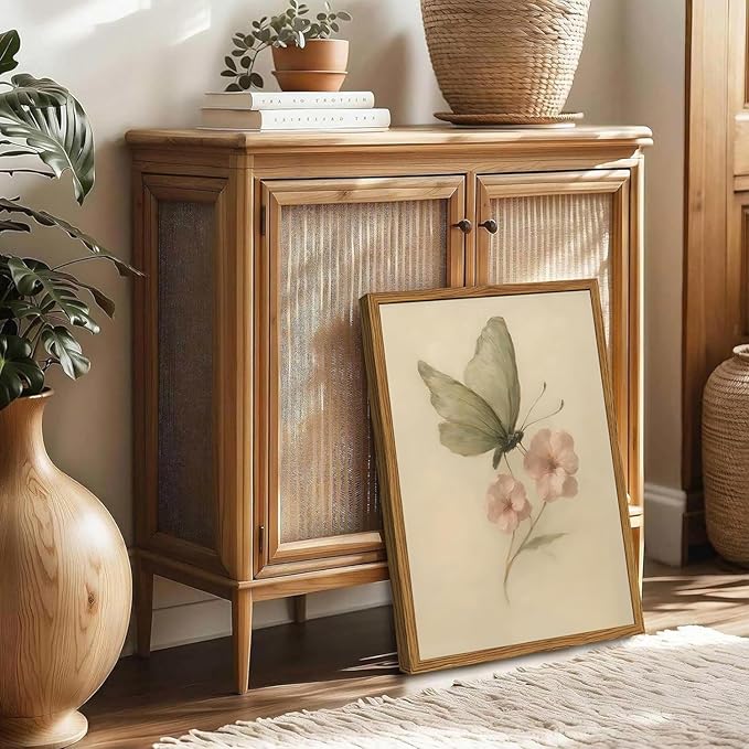 Framed Vintage Wall Art, Butterfly and Pink Floral Pictures Wall Decor, Retro Flower Moth Painting Canvas Prints Cottagecore Home Decor Aesthetic for Living Room Bedroom Bathroom 12x16 inch