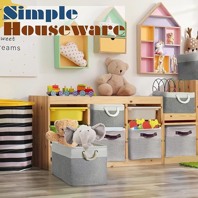 Simple Houseware Large Fabric Storage Bin, 15" x 11" with Leather Like Handles, 3 Pack, Gray