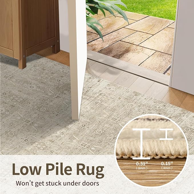 Rugxara 6x9 Area Rugs for Living Room Bedroom, Beige Large Washable Neutral Rug, Vintage Floral Retro Boho Non Slip & Low Pile Carpet for Indoor Dining Room, Classroom, Dorm, Nursery and Kids Room
