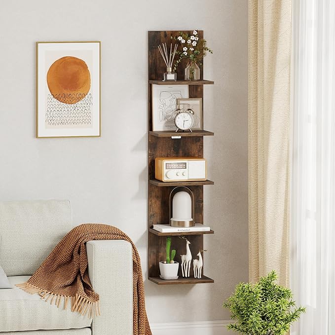 Giantex 5 Tier Wall Shelf Unit, Narrow Vertical Floating Shelves for Home Decoration and Storage Organizer, Lack Wall Shelf, Wall Mounted Display Shelves for Bedroom, Living Room, Rustic Brown