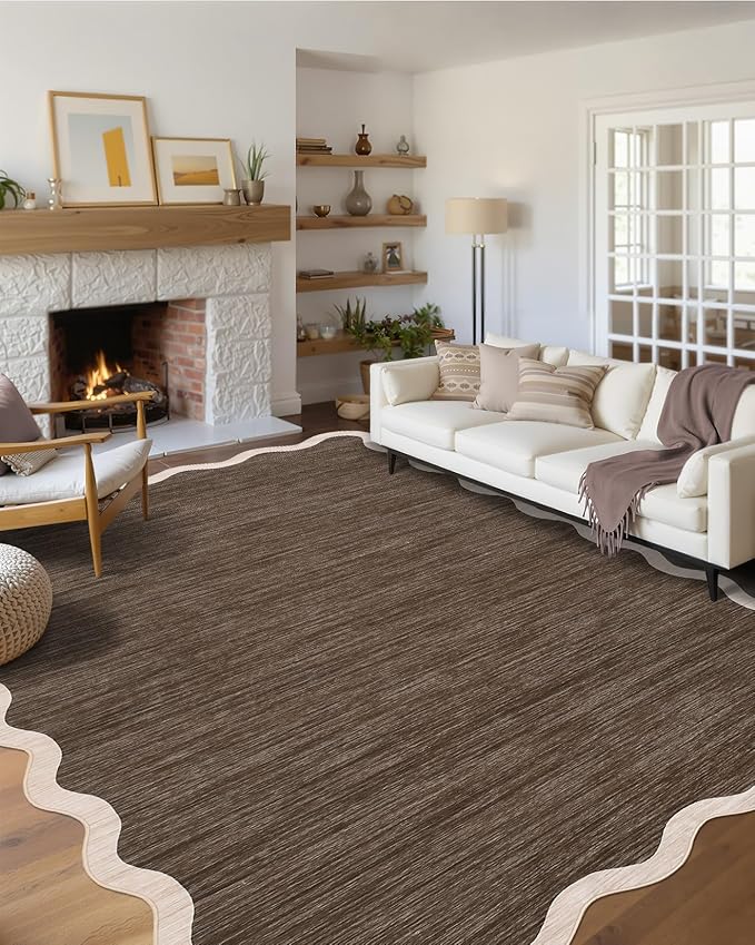 GarveeHome Scalloped Washable Area Rug 6 x 9 Rugs for Living Room Modern Brown Rug Non Slip Throw Rugs Distressed Large Bedroom Rug Low Pile Stain Resistant Carpet for Dining Room Nursery 6'x9' Brown