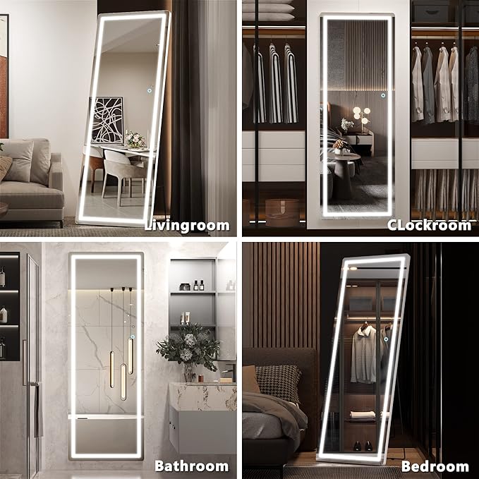 Hasipu Full Length Mirror with Lights, 61" x 22" LED Floor, Full Body Dressing Standing, Hanging Mounted Mirror, Round White