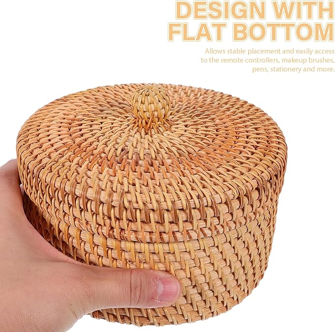 ULTNICE Round Rattan Storage Box with Lid - Hand Woven Rattan Basket for Desktop or Decorative Use
