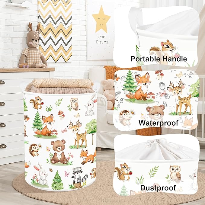 Clastyle Adorable Forest Animal Kids Book Storage Basket Fox Giraffe Clothes Laundry Basket Parents Gift Toy Box for Bedroom Shower, Pine Tree, 36x45 cm