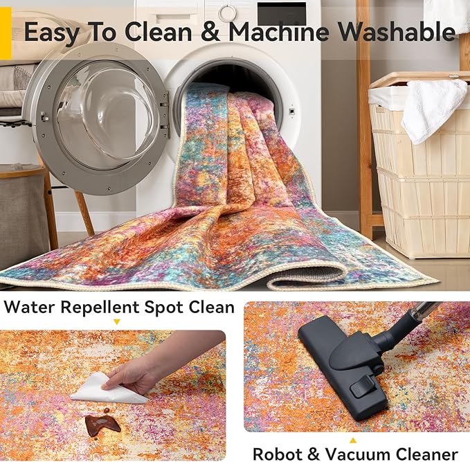 RELEANY Washable Area Rugs 5'x7' Non-Slip Modern Abstract Soft for Living Room Entryway Bedroom Nursery, Print Pattern, Orange Blue Pink Yellow Colorful