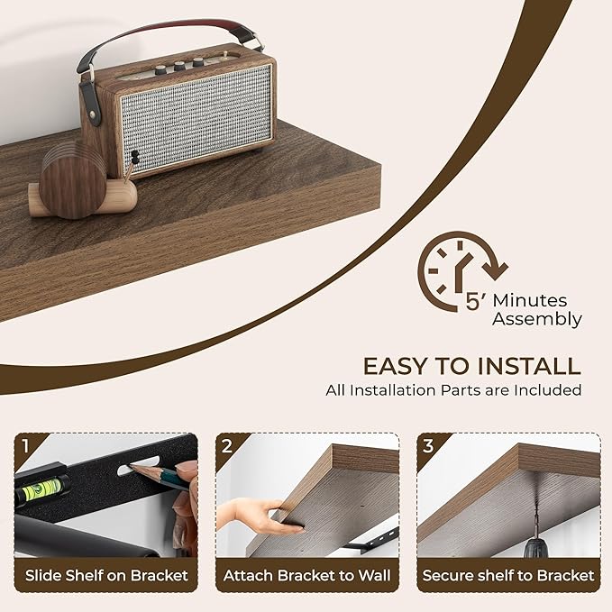 RICHFOCUS 31.5Inch Floating Shelves for Wall 2 Pack Shelves for Bedroom|Kitchen|Bathroom Wall Mounted Rustic Wood Floating Shelf with Invisible Brackets for Books|Storage|Decor, Walnut