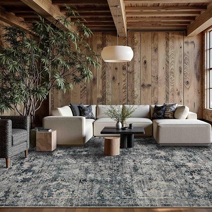 Rugxara 9x12 Area Rugs for Living Room Bedroom, Large Washable Rug, Blue Vintage Retro Boho Rug, Non Slip & Low Pile Faux Wool Thin Carpet for Indoor Dining Room and Kids Room(Blue 9x12ft)