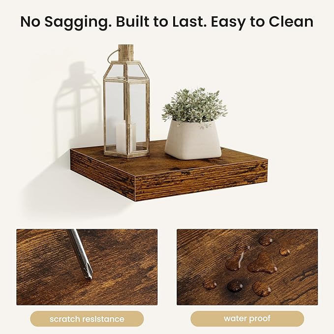 Fun Memories Floating Shelves for Wall, Rustic Wood Wall Mounted Shelves for Bathroom, Bedroom, Living Room and Kitchen, Storage & Home Decor (Set of 4, Brown, 9.3 in)