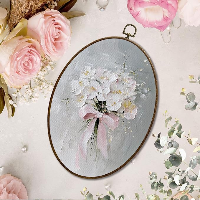 JQF Vintage Cottagecore Floral Oval Wall Decor, Coquette Pink Bow Flower Bouquet Oval Canvas Wall Art, Watercolor Retro Floral Framed Prints Hanging Decor for Home Bedroom Living Room, 8.5x11.5 Inch