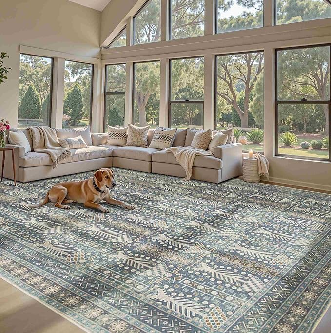 Rugxara 9x12 Washable Area Rugs for Living Room - Large Rugs,Floral Boho Vintage Rug,Soft & Non-Slip,Low Pile Wool Carpet for Indoor Dining Room,Girls Room,Nursery Room and Kids Room(Ivory Blue)
