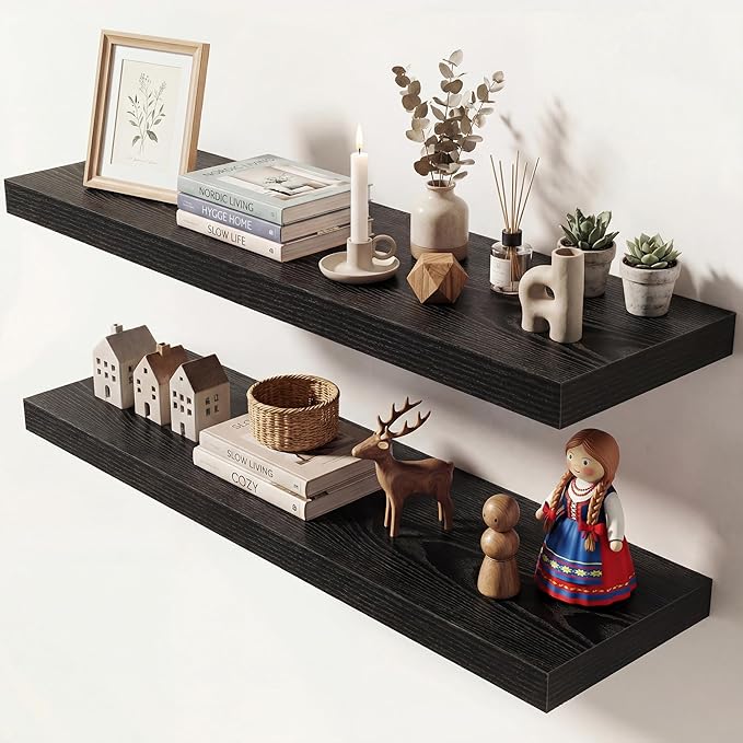 Dreamland 36 Inches Floating Shelves for Wall, 9.3" Deep Long Floating Shelves Set of 2, Large Display & Storage Shelf, Wall Shelf for Bathroom Bedroom Living Room Kitchen Office, Black
