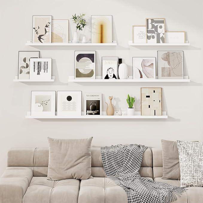 RICHFOCUS Picture Ledge Shelf, 16 inch Floating Shelves Set of 2, Wood Wall Shelves with Lip, Wall Decor Storage for Bedroom Living Room Bathroom Kitchen Nursery Photo Picture, White