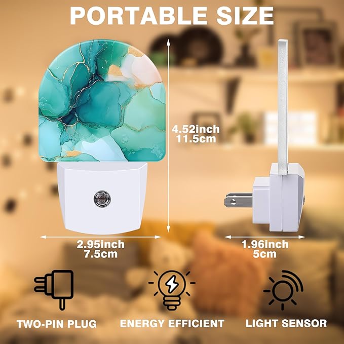 Night Light, Turquoise and Gold Marble Night Lights Plug into Wall Dusk to Dawn Sensor Round Nightlight for Women Men Energy Efficient Led Lamp 0.5W for Stairway Hallway Bedroom