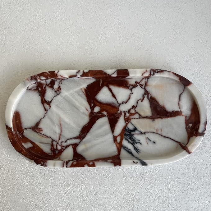 Natural Marble Oval Tray Ornaments Vintage Small Tray Storage Dish for Counter, Vanity, Dresser, Nightstand and Desk (Calacatta Red)