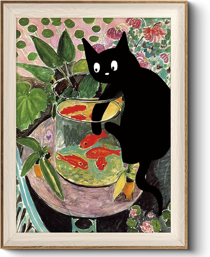 VIYYIEA Framed Wall Art for Living Room, Silly Cat Canvas Prints, Vintage Home Decor, Funny Painting Picture, Bathroom Wall Decor Gifts for Friends or Family - 16L x 12W