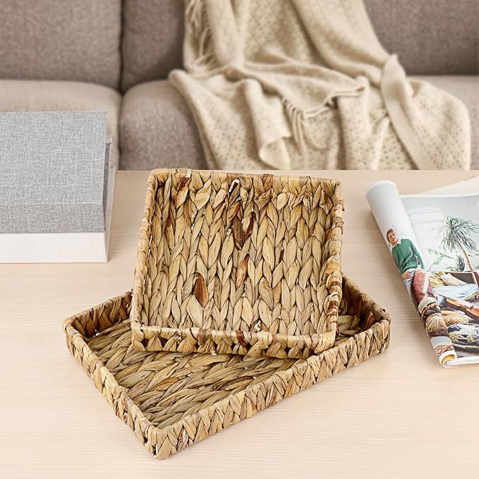 Decorative Key Holder for Entryway Table Handwoven Natural Water Hyacinth Basket Tray Rectangular Serving Tray, 11.9" x 7.9" x 1.6"