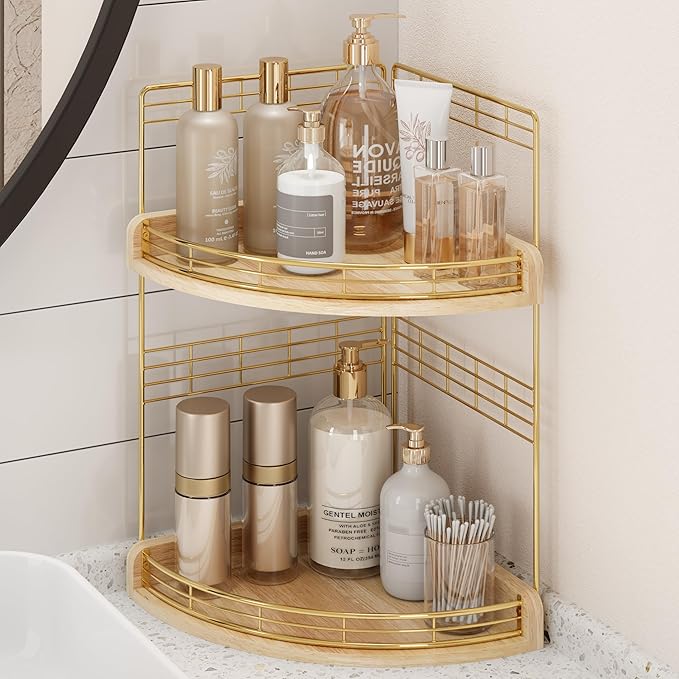 2-Tier Bathroom Countertop Corner Organizer for Small Spaces Counter Shelf for Sink & Vanity, Compact Vertical Storage for Toiletries (Natural)