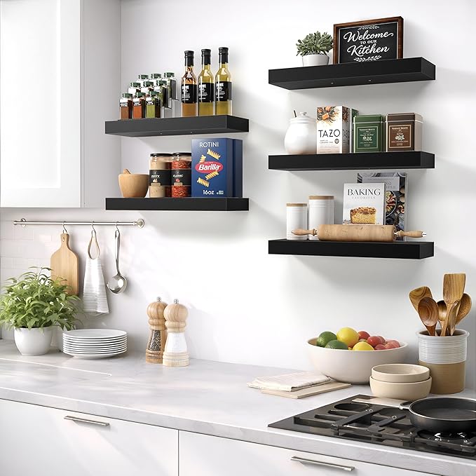 Sorbus Floating Shelves for Wall – 16 Inch Floating Shelf for Kitchen, Bedroom, Living Room, Bathroom, Home & Wall Decor - Mounted Bathroom Shelves with Invisible Brackets (Black, 5 Pack)