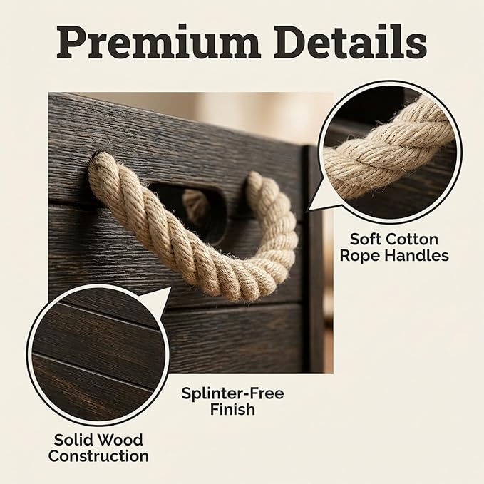 Set of 3 Rustic Nested Wooden Crates with Rope Handles - Decorative Farmhouse Storage Boxes for Kitchen, Living Room & Bathroom - Modern Wood Grain Home Organization