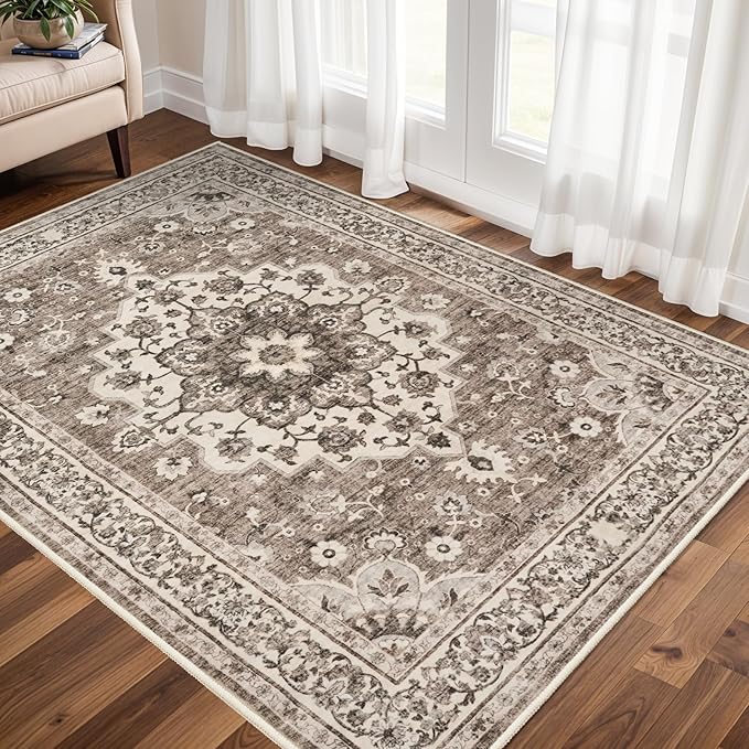 TOPRUUG Washable Oriental Area Rug - 3x5 Rugs for Living Room Soft Carpet for Bedroom Waterproof Floral Distressed Indoor Stain Resistant Non-Shedding Floor Carpets (Beige, 3X5)
