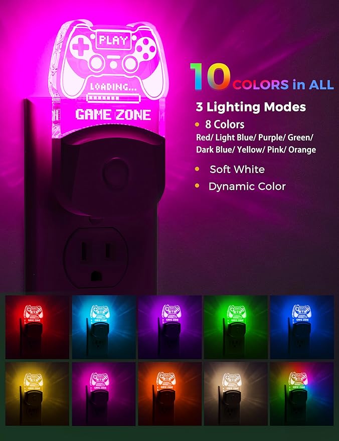 L LOHAS LED Game Sign Gamepad Shape Night Light, Plug in Night Light with Multi Color Personalized, Dusk to Dawn Sensor, Ideal for Boys, Game's Room Decor, Bedroom[2 Pack]