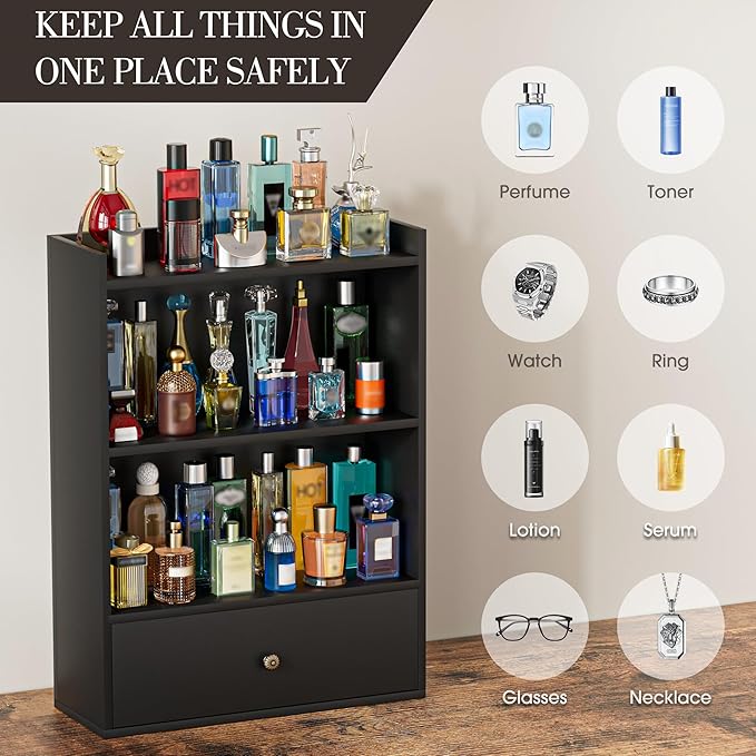 3 Tier Cologne Organizer for Men, Wooden Perfume Organizer Cologne Stand with Drawer Storage Large Capacity, Gift for Men (Black)