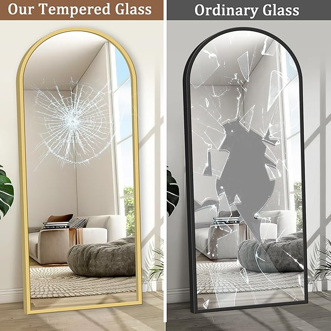 GlasFlength Full Body Mirror with Stand, 71" x 32" Arched Full Length Mirror with Aluminum Alloy Frame Wall-Mounted/Leaning Against Wall/Floor Standing Mirror for Home Decor, Gold