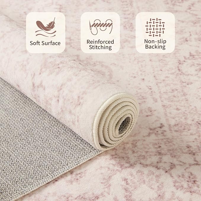 Rugxara 2'6" x 8' Hallway Runner Rug, Non Slip Boho Runner Rugs for Hallway, Kitchen, Entrance, Bathroom, Laundry Room, Soft Ultra-Thin Entryway Carpet, Throw Low Pile Retro Carpet, Pink