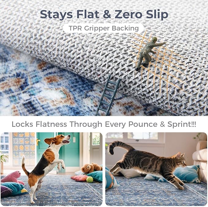 OPPODREAM Vintage Blue Round Rug 5ft, 5 ft Retro Washable Circle Rug Non Slip, Low-Pile Faux Wool Circular Carpet, Distressed Navy Floor Mat for Living Room, Bedroom, Office, Dorm, Dinning Room