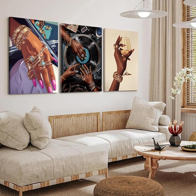 YFvrPt Black Woman Wall Art Set of 3, Trendy African American Women Wall Decor Black Girl Song Lover Canvas Poster Prints Aesthetic Pictures for Bedroom Living Room Framed 12x16 inch