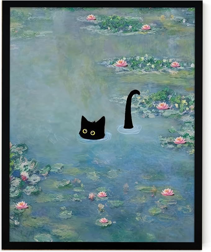 Fantasy Artists Monet Water Lilies Cat Wall Art, Framed Vintage Canvas Art Wall Decor, Funny Black Cat Posters Prints for Bathroom Bedroom Living Room Home Office Decorations 8" Wide X 10" Height