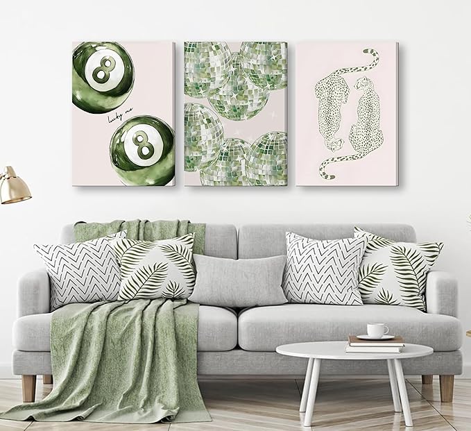 3Pcs Framed Trendy Leopard Disco Ball Canvas Wall Art Sage Green Lucky Poster Prints Preppy Ace Cards Wall Decor pictures for Girly Bedroom Apartment Dorm Decoration