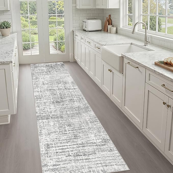 Runner Rug Non-Slip Kitchen Rug: 3x10 Washable Abstract Modern Soft Stain Resistant Indoor Floor Neutral Accent Throw Carpet for Hallway Bathroom Laundry Room Bedroom Entryway- Grey