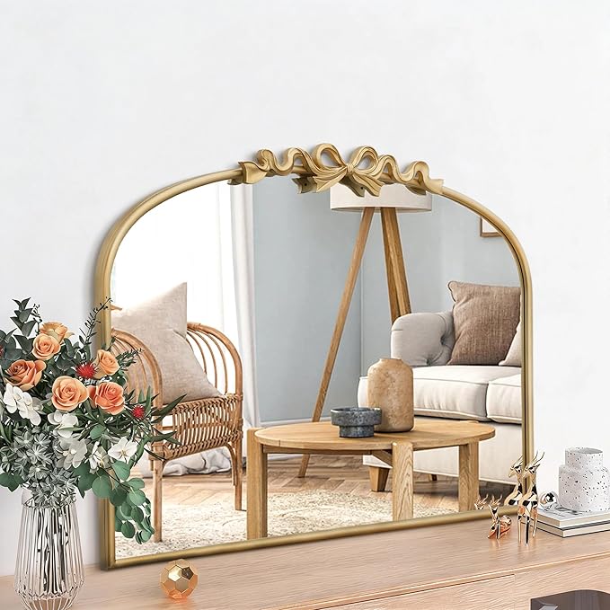 Besdomus Antique Arched Gold Mirror: 32"x24" Large Arch Bow Antique Wall Mounted Mirror - Baroque Traditional Ornate for Living Room/Fireplace/Bathroom- Home Decor for Homemakers