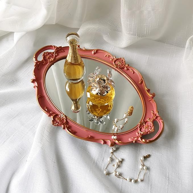 Oval Decorative Mirror Tray, French Style, Makeup Organizer, Jewelry Organizer, Serving Tray, 9.8"x 14.6", Golden Pink