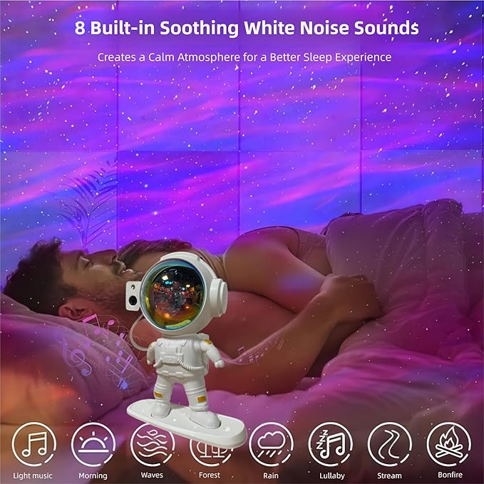 Astronaut Aurora Galaxy Projector, 360° Rotating Star & Moon Night Light with White Noise, Music Sync, Remote & Timer, LED Mood Lamp for Bedroom, Kids Room Decor, Gift for Boys Girls