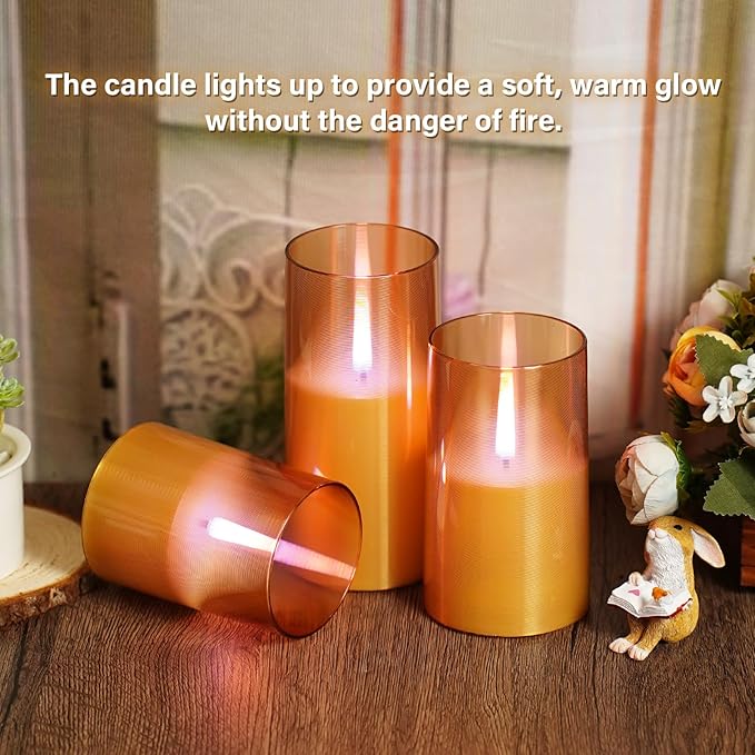 kakoya Flameless Candles Upgraded Realistic Flickering Flame,Battery Operated LED Candles with Remote Timers,Acrylic Electric Candles Set of 3(D 3" xH 4" 5" 6")（Gold）