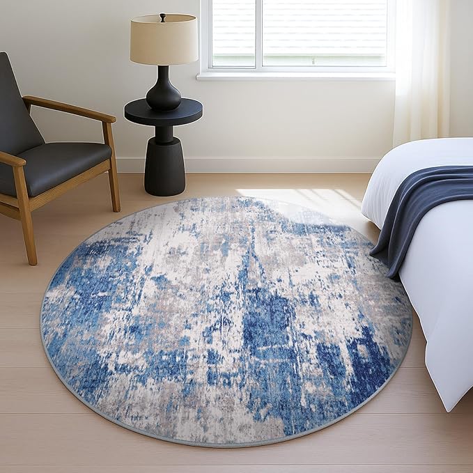 RELEANY Washable Area Rugs 4ft Non-Slip Modern Abstract Soft for Living Room Entryway Bedroom Nursery, Print Pattern, Blue Grey Navy Gray