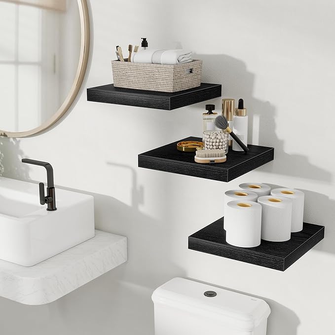 Fun Memories Floating Shelves for Wall, Rustic Wood Wall Mounted Shelves for Bathroom, Bedroom, Living Room & Kitchen, Storage Display Shelves, (Set of 3, Black, 12 in)