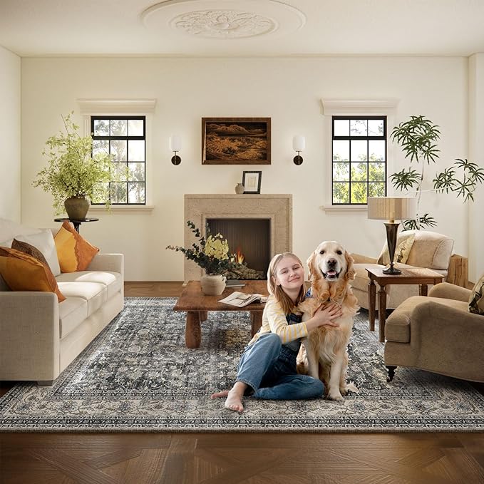 Machine Washable Rugs for Living room: 9x12 bedroom Rug Vintage Boho Area Rug Stain Resistant Non Slip Low Pile Lightweight Soft Carpets for Living room Dining Room Kitchen Nursery Kids Room Farmhouse