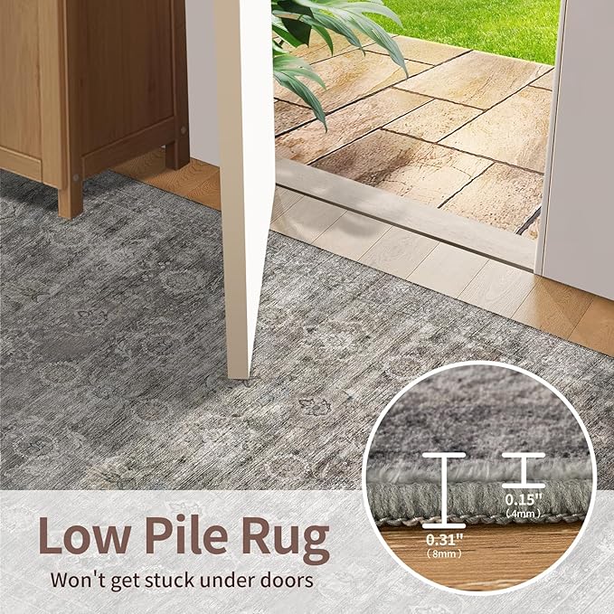Rugxara 6x9 Area Rugs for Living Room Bedroom, Large Washable Rug, Grey Vintage Retro Boho Rug, Non Slip & Low Pile Faux Wool Thin Carpet for Indoor Dining Room and Kids Room(Taupe/Grey 6x9ft)
