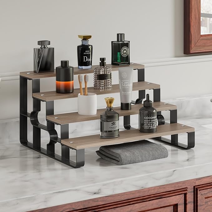 Perfume Stand for Men,4 Tier Cologne Organizer,Display Shelf Stands for Dresser,Wooden Shelf Display Risers for Party,Makeup,Figures,Cupcake,Dessert(Walnut,Width=14")