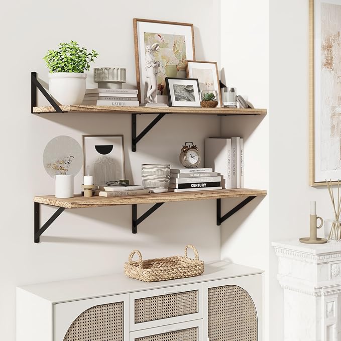 Marsmiles Deep Floating Shelves for Wall - 36 Inch Wide x 12 Inch Deep Wall Shelves Set of 2 - Rustic Wood Floating Shelves for Living Room Bedroom Bathroom