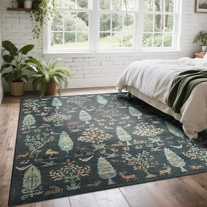 Srugn Washable Rugs 8x10 Area Rugs for Living Room,Bedroom,Dining Room- Large Ultra Soft Faux Wool Retro Carpet,Non Slip&Non-Shedding Low Pile Vintage Print Rug for Home Office Dorm-Dark Green