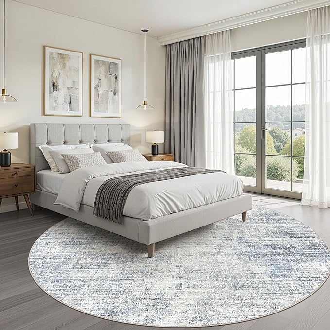 10ft Round Rug Living Room: 10x10 Washable Large Neutral Blue Circle Area Rug Abstract Soft Modern Stain Resistant Indoor Floor Non-Slip Carpet for Bedroom Nursery Kids Office Playroom Dining Room
