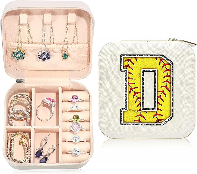 Softball Initial D Travel Jewelry Case,Valentine's Day Gift Softball Gifts for Teen Easter,Jewelry Box Personalized Softballs Accessories Letter Birthday Gifts for Players Coach Team Mom