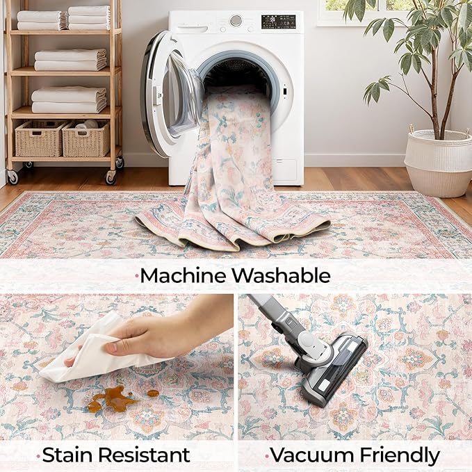 CAPALOCA Machine Washable Rugs Nursery Rug Sq5ft Cute Girl Non Slip Low Pile Water Repellent Soft Print Pattern for Bedroom Indoor Decor Kids Playroom Pink Teal