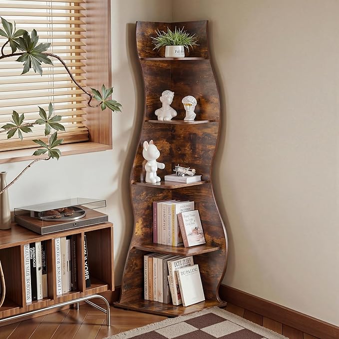 VECELO Wavy Corner Shelf, Decorative 5-Tier Storage Bookshelf, 70.1” Tall Freestanding Display Bookcase for Small Spaces, Living Room or Bedroom, Rustic Brown