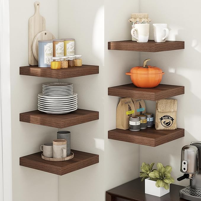 12 Inch Floating Shelves for Wall with Invisible Brackets Set of 3, 12"D Engineered Wood Wall Shelves with Wood Grain for Living Room, Bedroom, Bathroom, Kitchen Decor and Storage, Walnut Finish