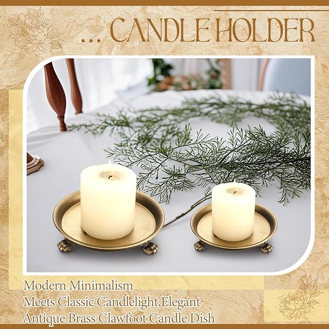 Zonon 2 Pack Brass Color Metal Clawfoot Dish Pedestal Dish Candle Tray Round Clawfoot Candle Holder Decorative Jewelry Stand for Wax Jewelry Ring Trinket Coffee Table Centerpiece Cosmetic Home